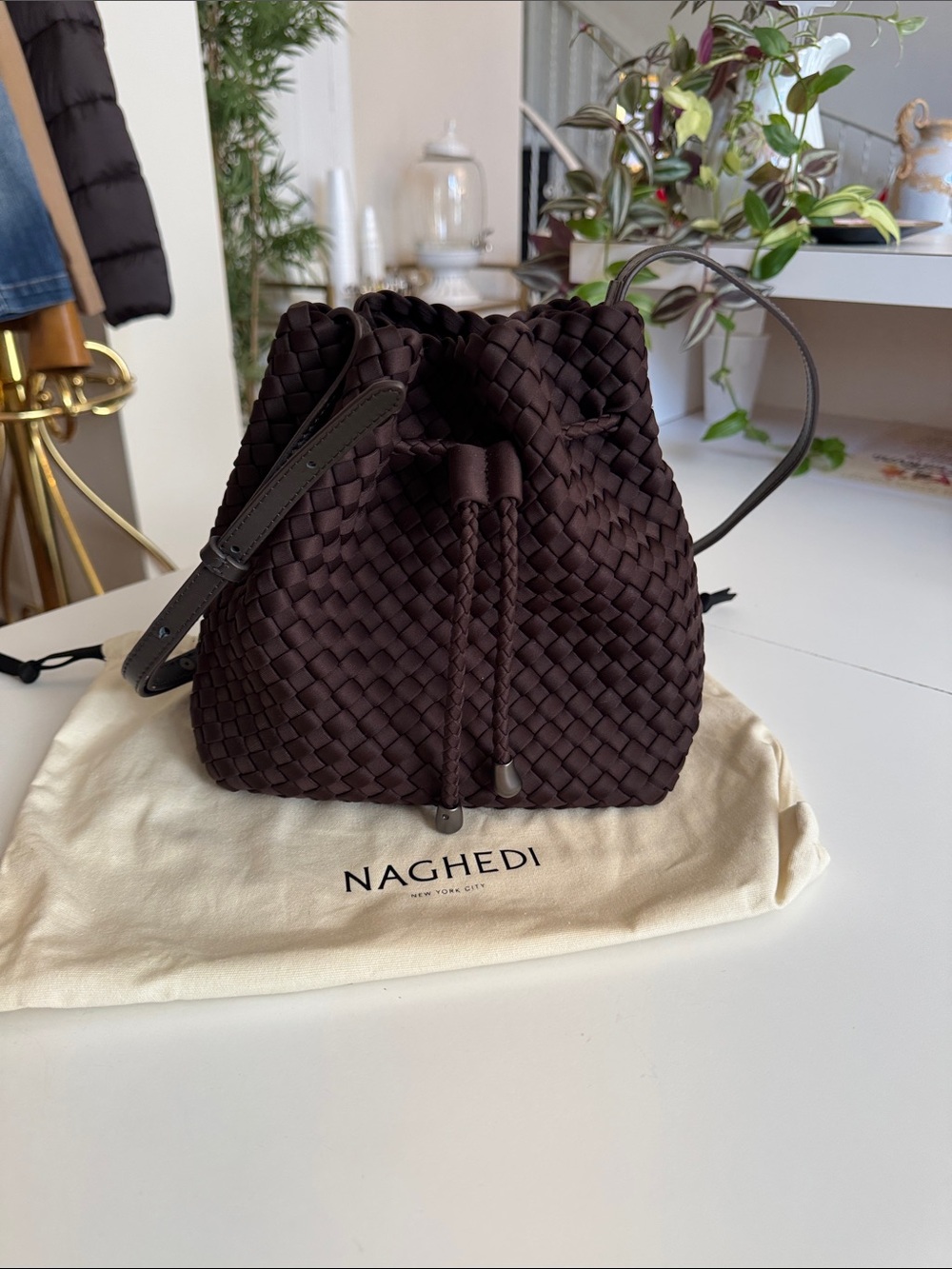 Naghedi Chocolate Brown Woven Drawstring Crossbody Bag
